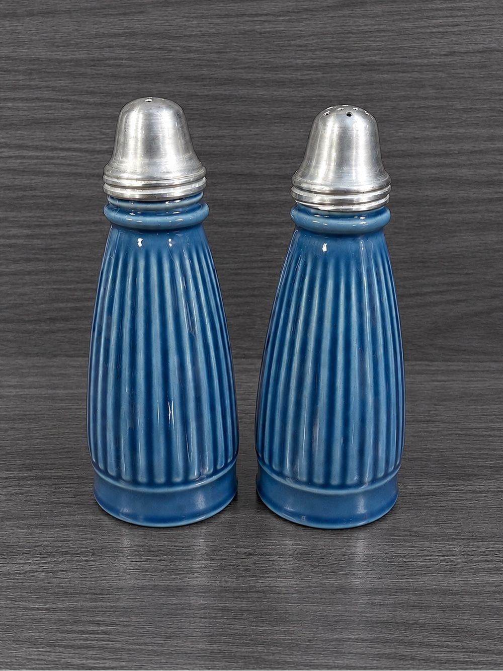 Vintage Art Deco Blue Ceramic Salt Pepper Shakers Ribbed Silver Tops Thailand
